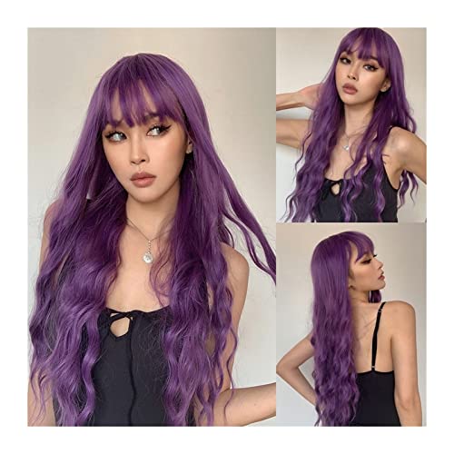 Wellige Perücken Dunkellila Synthetikperücke mit Pony for Frauen, superlange Körperperücken mit welligem Haar, weiche, atmungsaktive, hitzebeständige Faserperücken for die tägliche Cosplay-Party Damen von zhuyanbo007