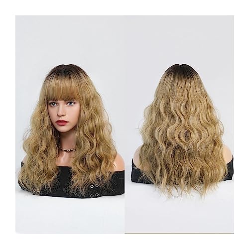 Wellige Perücken Dunkelrote Perücken for Frauen, burgunderfarbene, gewellte Perücke mit Pony, bunte synthetische Ombre-Rot-Perücke for die tägliche Party Damenperücken(Ombre Blonde) von zhuyanbo007