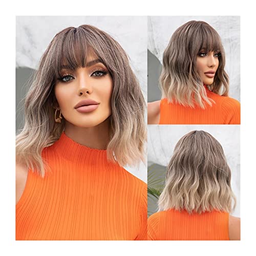 Wellige Perücken Kurze lockige aschbraune Bob-Perücke mit dunkler Wurzel, synthetische gewellte Bob-Perücke mit Pony Naturhaar Ombre hitzebeständige Bob-Perücke for Frauen Mädchen Damenperücken von zhuyanbo007
