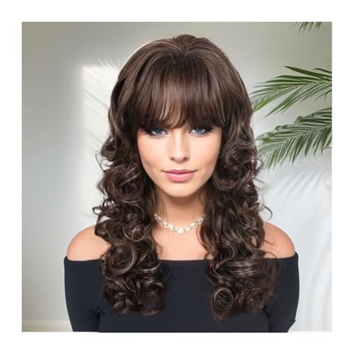 Wellige Perücken Lässige natürliche Perücke for Damen, for den täglichen Gebrauch, Highlight-Kunsthaar-Mix, braune Perücke mit Pony, langes lockiges Haar, Ersatzperücken for Damen Damenperücken(Mix Br von zhuyanbo007