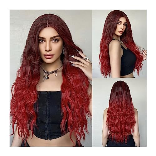 Wellige Perücken Ombre Weinrot Lange Wasser Wellenförmige Synthetische Perücken Burgund Cosplay Frauen Perücke Mittelteil Natürliche Hitzebeständige Fasern Haar Damenperücken von zhuyanbo007