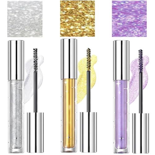 3 Farben Glitter Mascara, Glitzer Mascara, Colour Mascaras, Lang Anhaltend, Wasserfest, Geeignet FüR Party, Hochzeit, Versammlung, TäGliche Reisen(Silver/Gold/Purple) von zhwohyu