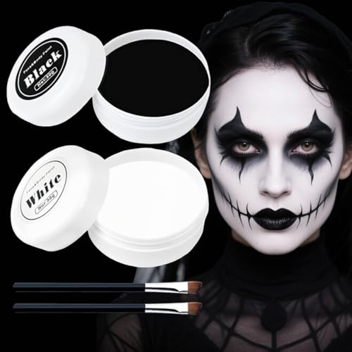 Halloween Schminke Schwarz Weiß, Körperfarben Schwarz (50g) und Weiß (50g), Halloween Spezialeffekt Make Up Set, Faschingsschminke Theaterschminke Vampir Zombie Skelett Clown Schminke Make Up von zhwohyu