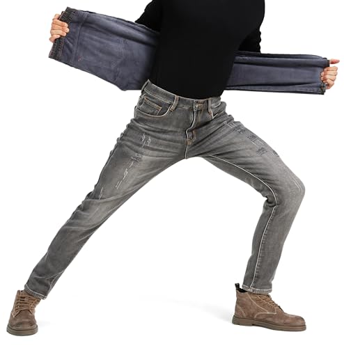 ziilay Herren Tapered Thermojeans mit Fleece gefüttert Zerrissene Winterhose Destroyed Denim Jeanshose Herbst Winter 801GY 34W30L von ziilay