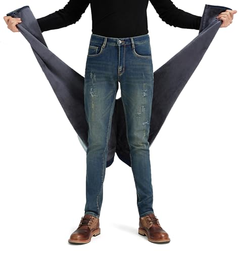 ziilay Herren Tapered Thermojeans mit Fleece gefüttert Zerrissene Winterhose Destroyed Denim Jeanshose Herbst Winter 801H FGBL31W32L von ziilay