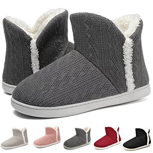 Hausschuhe Damen Winter Bequeme Flauschige Plüsch Warme Faux Fell Kuschel Hüttenschuhe Hausschuhe Rutschfest Feste Sohle Winterhausschuhe für Indoor Tiefes Grau EU 38/39 von ziitop