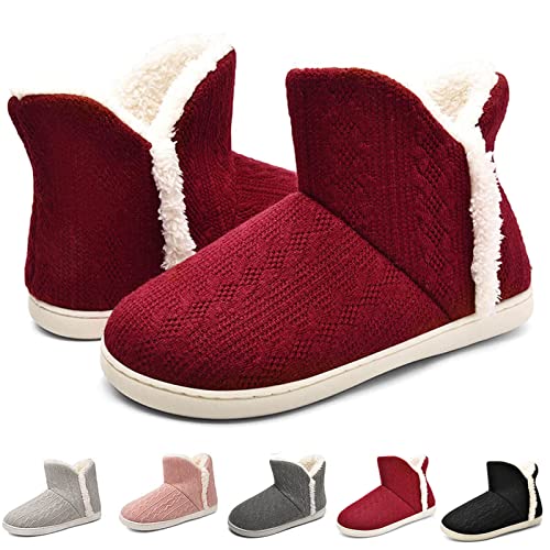 Hausschuhe Damen Winter Bequeme Flauschige Plüsch Warme Faux Fell Kuschel Hüttenschuhe Hausschuhe Rutschfest Feste Sohle Winterhausschuhe für Indoor Weinrot EU 38/39 von ziitop