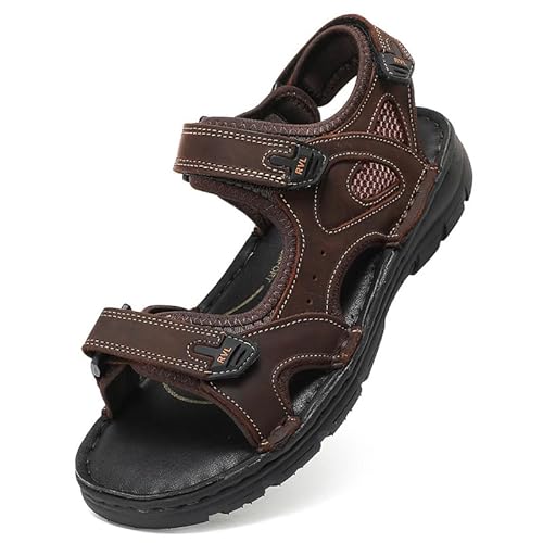 ziitop Sandalen Herren Leder Sandalen Outdoor Strand Trekkingsandalen Sommer Männer rutschfeste Leichte Trekkingschuhe Verstellbare mit Klettverschluss Beach Sandalen Dunkelbraun von ziitop