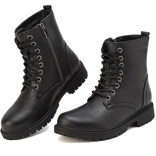ziitop Stiefel für Damen, wasserdicht, schwarz, Wanderstiefel, Arbeit, Schnürung, seitlicher Reißverschluss, schwarze Plateau-Leder-Wanderschuhe, Schwarz , 40 EU von ziitop