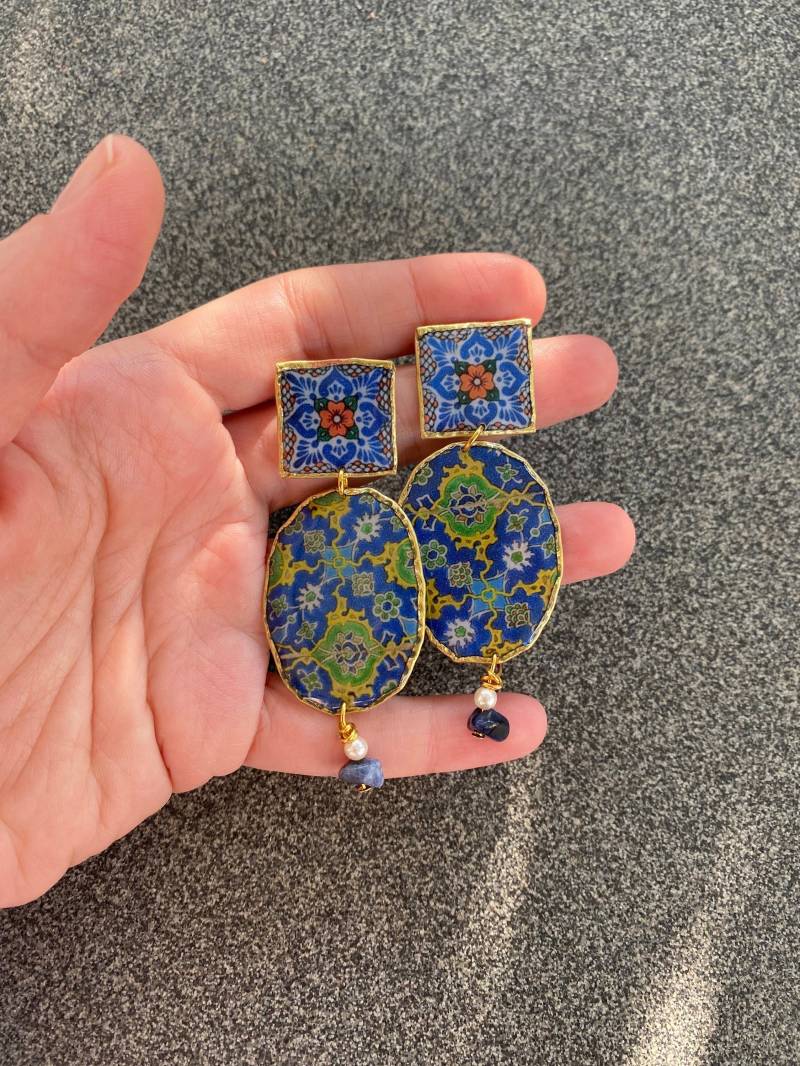 Messing Lange Halb Edelstein Ohrringe Sodalith Gold Sterling Silber 925 Für Frauen von zingizongi