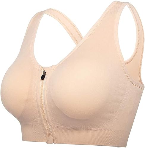 Damen-Push-up-Sport-BH mit Reißverschluss, kabellos, gepolstert, Fitnessstudio, Fitness, Laufen, Yoga-BH (Color : Beige, Size : XL) von zinhsq