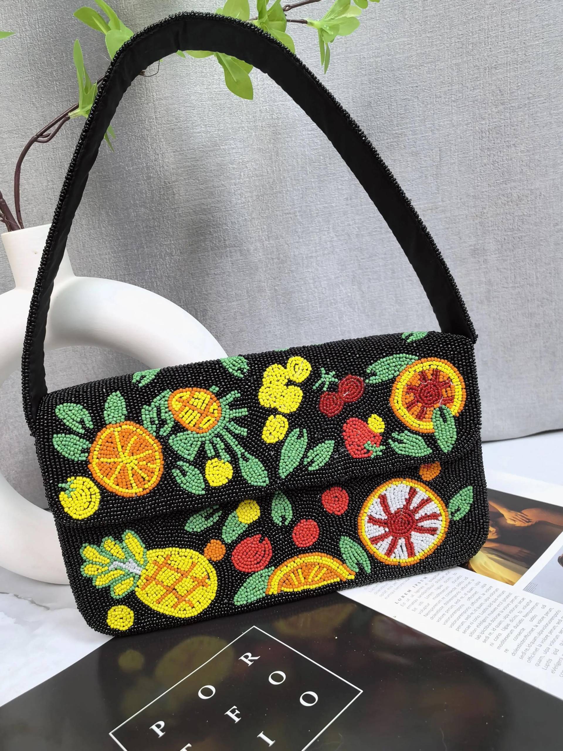 Tropical Fruit Beaded Shoulder Bag - Handmade Black Citrus Purse With Pineapple, Orange & Cherry Tropical Fruit Beaded Shoulder Bag - Handmade Black Citrus Purse With Pineapple, Orange & Cherry von zirtrone