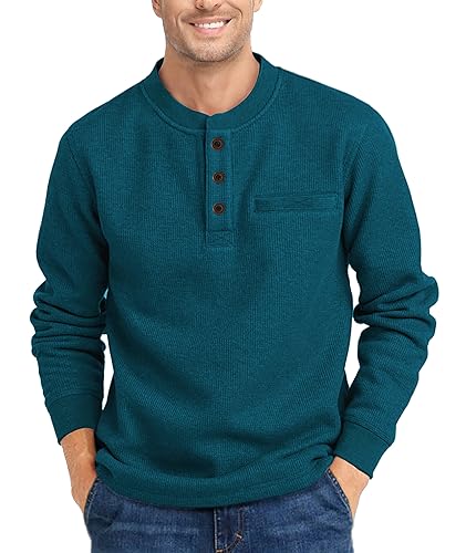 Zitysport Henley Shirt Herren Langarm Casual Waffel Hemd Männer Thermal Freizeithemd 3-Knopf Classic T-Shirt Mit Brusttasche Langarmshirt Pullover (Türkis, 3XL) von zitysport