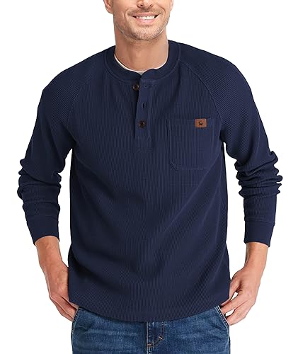 Zitysport Henley Shirt Langarm Casual Waffel Hemd Männer Thermal Freizeithemd 3-Knopf Classic T-Shirt Mit Brusttasche Langarmshirt Pullover (Marineblau, 3XL) von zitysport
