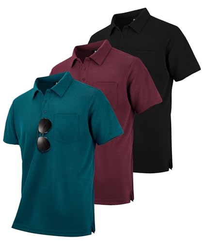 zitysport 3er Pack Poloshirts Herren Kurzarm Golf Polohemd Schnelltrocknend Atmungsaktives Herren Regular Fit Shirts Work Polo Shirts Männer Sommer Sport Tshirt Männer(Schwarz Türkis Weinrot L) von zitysport