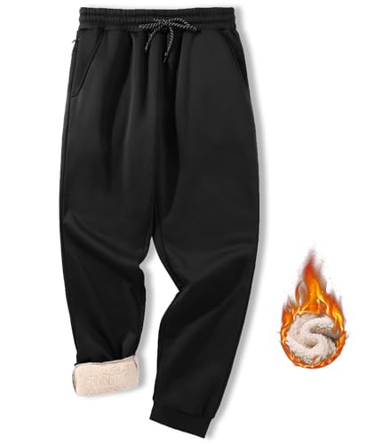 zitysport Fleecehose Herren Jogginghose Gefütterte Warm Sweathose High Waist Weit mit Taschen Winterhose Baumwolle mit Sherpa Dicke Thermo Sweatpants für Männer(S-Schwar) von zitysport