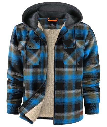 zitysport Hemdjacke Herren Hemd Sherpa Fleece Kariert Gefüttert Kapuzenjacke Fleecefutter Mantel Winterjacke mit Taschen Flanelljacke Outdoor Kariertes Männer Sweatjacke mit Kapuze(Blau Schwarz, XL) von zitysport