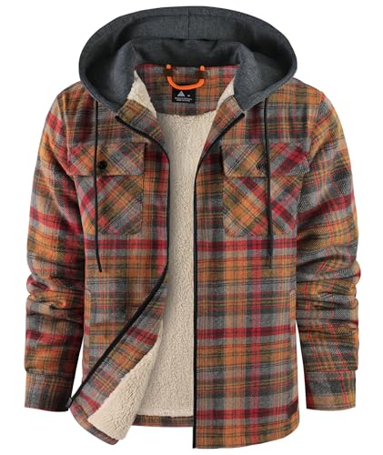 zitysport Hemdjacke Herren Hemd Sherpa Fleece Kariert Gefüttert Kapuzenjacke Fleecefutter Mantel Winterjacke mit Taschen Flanelljacke Outdoor Kariertes Männer Sweatjacke mit Kapuze(Braune Rot, L) von zitysport
