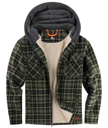 zitysport Hemdjacke Herren Hemd Sherpa Fleece Kariert Gefüttert Kapuzenjacke Fleecefutter Mantel Winterjacke mit Taschen Flanelljacke Outdoor Kariertes Männer Sweatjacke mit Kapuze(Dunkelgrün, 2XL) von zitysport