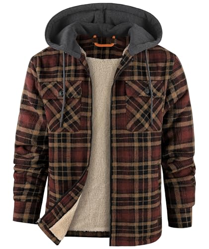 zitysport Hemdjacke Herren Hemd Sherpa Fleece Kariert Gefüttert Kapuzenjacke Fleecefutter Mantel Winterjacke mit Taschen Flanelljacke Outdoor Kariertes Männer Sweatjacke mit Kapuze(Gelb Braun, L) von zitysport