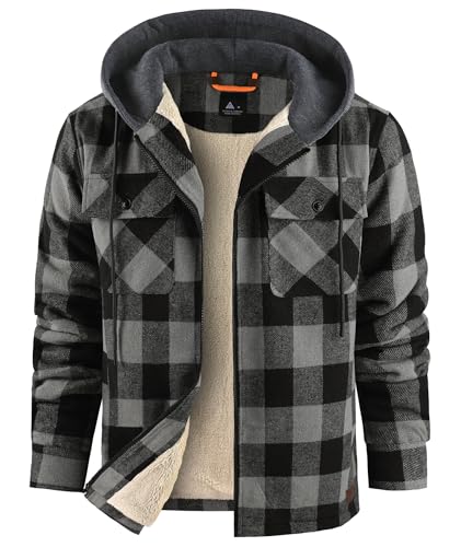 zitysport Hemdjacke Herren Hemd Sherpa Fleece Kariert Gefüttert Kapuzenjacke Fleecefutter Mantel Winterjacke mit Taschen Flanelljacke Outdoor Kariertes Männer Sweatjacke mit Kapuze(Grau Schwarz, M) von zitysport