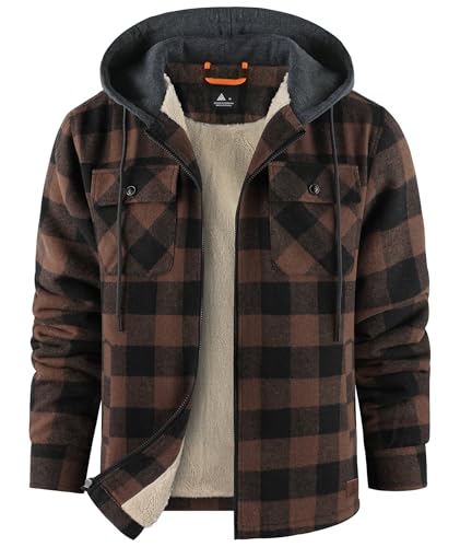 zitysport Hemdjacke Herren Hemd Sherpa Fleece Kariert Gefüttert Kapuzenjacke Fleecefutter Mantel Winterjacke mit Taschen Flanelljacke Outdoor Kariertes Männer Sweatjacke mit Kapuze(Khaki, 3XL) von zitysport
