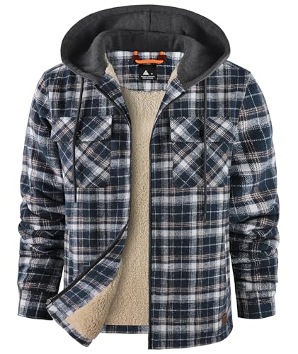 zitysport Hemdjacke Herren Hemd Sherpa Fleece Kariert Gefüttert Kapuzenjacke Fleecefutter Mantel Winterjacke mit Taschen Flanelljacke Outdoor Kariertes Männer Sweatjacke mit Kapuze(Marineblau, 3XL) von zitysport