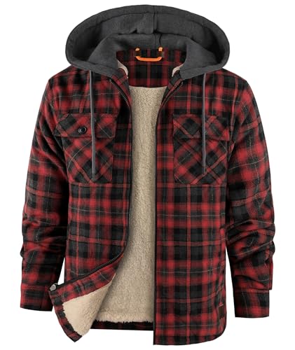 zitysport Hemdjacke Herren Hemd Sherpa Fleece Kariert Gefüttert Kapuzenjacke Fleecefutter Mantel Winterjacke mit Taschen Flanelljacke Outdoor Kariertes Männer Sweatjacke mit Kapuze(Rot Grau, L) von zitysport