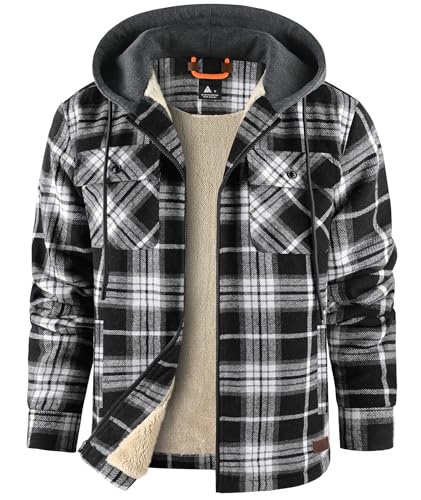 zitysport Hemdjacke Herren Hemd Sherpa Fleece Kariert Gefüttert Kapuzenjacke Fleecefutter Mantel Winterjacke mit Taschen Flanelljacke Outdoor Kariertes Männer Sweatjacke mit Kapuze(Schwarz Weiß, 3XL) von zitysport