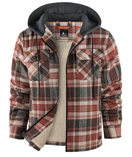 zitysport Hemdjacke Herren Hemd Sherpa Fleece Kariert Gefüttert Kapuzenjacke Fleecefutter Mantel Winterjacke mit Taschen Flanelljacke Outdoor Kariertes Männer Sweatjacke mit Kapuze(Weinrot, M) von zitysport