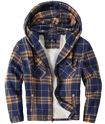 zitysport Hemdjacke Herren Hemd Sherpa Fleece Kariert Gefüttert Kapuzenpullover Fleecefutter Mantel Winter Jacke mit Taschen Flanellhemd Kariertes Männer Sweatjacke mit Kapuze(Blau Orange,3XL) von zitysport