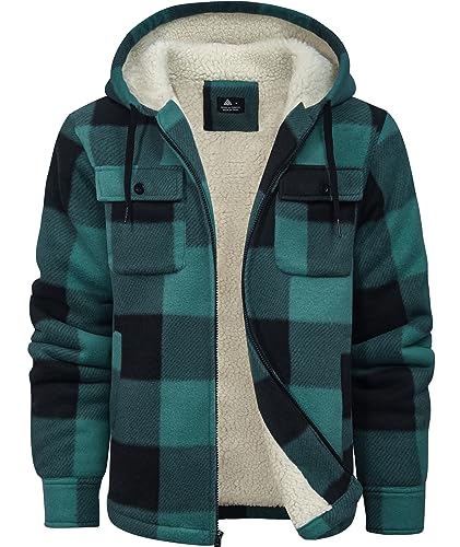 zitysport Hemdjacke Herren Hemd Sherpa Fleece Kariert Gefüttert Kapuzenpullover Fleecefutter Mantel Winter Jacke mit Taschen Flanellhemd Kariertes Männer Sweatjacke mit Kapuze(Grün Kariert,2XL) von zitysport