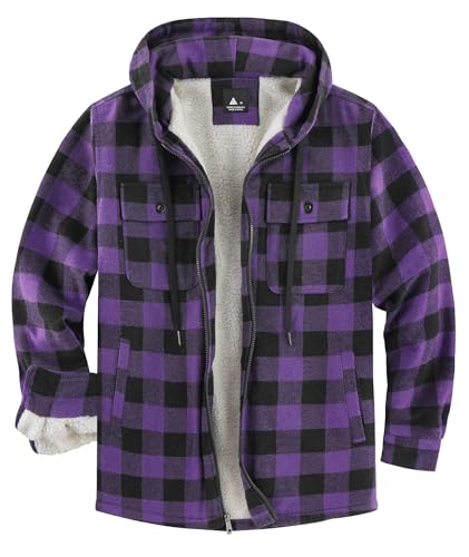 zitysport Hemdjacke Herren Hemd Sherpa Fleece Kariert Gefüttert Kapuzenpullover Fleecefutter Mantel Winter Jacke mit Taschen Flanellhemd Kariertes Männer Sweatjacke mit Kapuze(Lila M) von zitysport