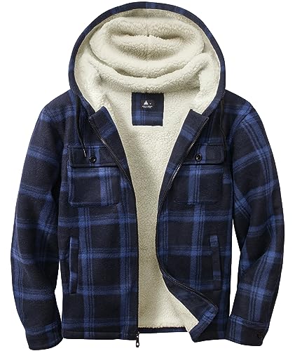 zitysport Hemdjacke Herren Hemd Sherpa Fleece Kariert Gefüttert Kapuzenpullover Fleecefutter Mantel Winter Jacke mit Taschen Flanellhemd Kariertes Männer Sweatjacke mit Kapuze(Marineblau,2XL) von zitysport