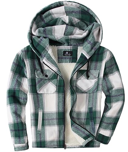 zitysport Hemdjacke Herren Hemd Sherpa Fleece Kariert Gefüttert Kapuzenpullover Fleecefutter Mantel Winter Jacke mit Taschen Flanellhemd Kariertes Männer Sweatjacke mit Kapuze(Weiß grün,XL) von zitysport