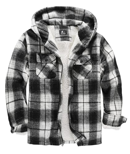 zitysport Hemdjacke Herren Hemd Sherpa Fleece Kariert Gefüttert Kapuzenpullover Fleecefutter Mantel Winter Jacke mit Taschen Flanellhemd Kariertes Männer Sweatjacke mit Kapuze(Grau schwarz,L) von zitysport