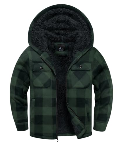 zitysport Hemdjacke Jungen Verdicken Fleecejacke Kinder mit Fleecefutter Warm Flanelljacke Jungen Sweatjacke Outdoor Hoodie Winter Karierte Jacken für Junge mit Reißverschluss(Dunkelgrün L) von zitysport