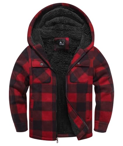 zitysport Hemdjacke Jungen Verdicken Fleecejacke Kinder mit Fleecefutter Warm Flanelljacke Jungen Sweatjacke Outdoor Hoodie Winter Karierte Jacken für Junge mit Reißverschluss(Rot L) von zitysport