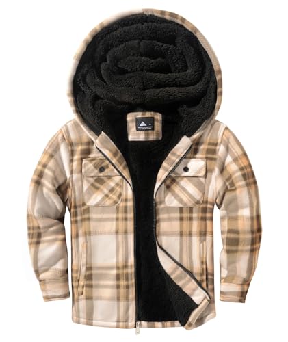 zitysport Hemdjacke Jungen Verdicken Hoodie Karierts Jacke Kinder mit Reißverschluss Warm Flanelljacke Junge Sweatjacke Outdoor Hoodie Gefütterte Winter Jacken für Jungs mit Tasche(2XL Khaki) von zitysport