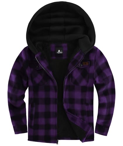 zitysport Hemdjacke Jungen Verdicken Hoodie Karierts Jacke Kinder mit Reißverschluss Warm Flanelljacke Junge Sweatjacke Outdoor Hoodie Gefütterte Winter Jacken für Jungs mit Tasche(2XL Lila) von zitysport