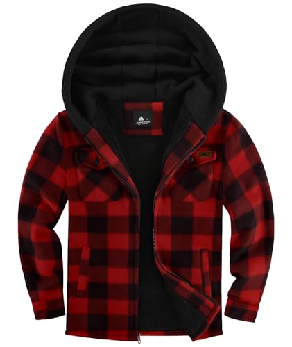 zitysport Hemdjacke Jungen Verdicken Hoodie Karierts Jacke Kinder mit Reißverschluss Warm Flanelljacke Junge Sweatjacke Outdoor Hoodie Gefütterte Winter Jacken für Jungs mit Tasche(L Schwarz Rot) von zitysport