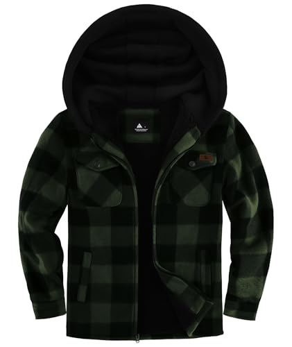 zitysport Hemdjacke Jungen Verdicken Hoodie Karierts Jacke Kinder mit Reißverschluss Warm Flanelljacke Junge Sweatjacke Outdoor Hoodie Gefütterte Winter Jacken für Jungs mit Tasche(S Grün) von zitysport