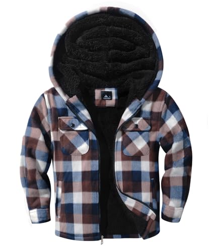 zitysport Hemdjacke Jungen Verdicken Hoodie Karierts Jacke Kinder mit Reißverschluss Warm Flanelljacke Junge Sweatjacke Outdoor Hoodie Gefütterte Winter Jacken für Jungs mit Tasche(S Light Khaki) von zitysport