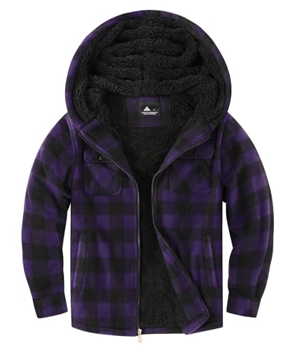 zitysport Hemdjacke Jungen Verdicken Hoodie Karierts Jacke Kinder mit Reißverschluss Warm Flanelljacke Junge Sweatjacke Outdoor Hoodie Gefütterte Winter Jacken für Jungs mit Tasche(S Lila) von zitysport
