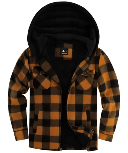 zitysport Hemdjacke Jungen Verdicken Hoodie Karierts Jacke Kinder mit Reißverschluss Warm Flanelljacke Junge Sweatjacke Outdoor Hoodie Gefütterte Winter Jacken für Jungs mit Tasche(S Schwarz Orange) von zitysport