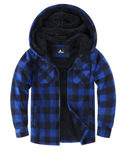 zitysport Hemdjacke Jungen Verdicken Hoodie Karierts Jacke Kinder mit Reißverschluss Warm Flanelljacke Junge Sweatjacke Outdoor Hoodie Gefütterte Winter Jacken für Jungs mit Tasche(XL Blau Schwarz) von zitysport