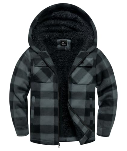 zitysport Hemdjacke Jungen Verdicken Hoodie Karierts Jacke Kinder mit Reißverschluss Warm Flanelljacke Jungen Sweatjacke Outdoor Fleecejacke Winter Jacken für Junge mit Brusttasche(Grau 2XL) von zitysport