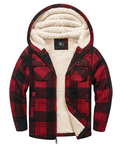 zitysport Hemdjacke Jungen Verdicken Hoodie Karierts Jacke Kinder mit Reißverschluss Warm Flanelljacke Jungen Sweatjacke Outdoor Fleecejacke Winter Jacken für Junge mit Brusttasche(Rot S) von zitysport
