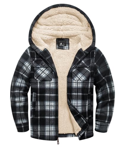 zitysport Hemdjacke Jungen Verdicken Hoodie Karierts Jacke Kinder mit Reißverschluss Warm Flanelljacke Jungen Sweatjacke Outdoor Fleecejacke Winter Jacken für Junge mit Brusttasche(Schwarz S) von zitysport