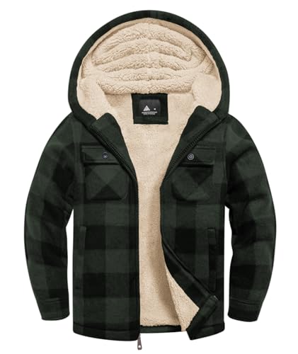 zitysport Hemdjacke Jungen Verdicken Hoodie Karierts Jacke Kinder mit Reißverschluss Warm Flanelljacke Jungen Sweatjacke Outdoor Hoodie Gefütterte Winter Jacken für Junge mit Tasche(Grün S) von zitysport